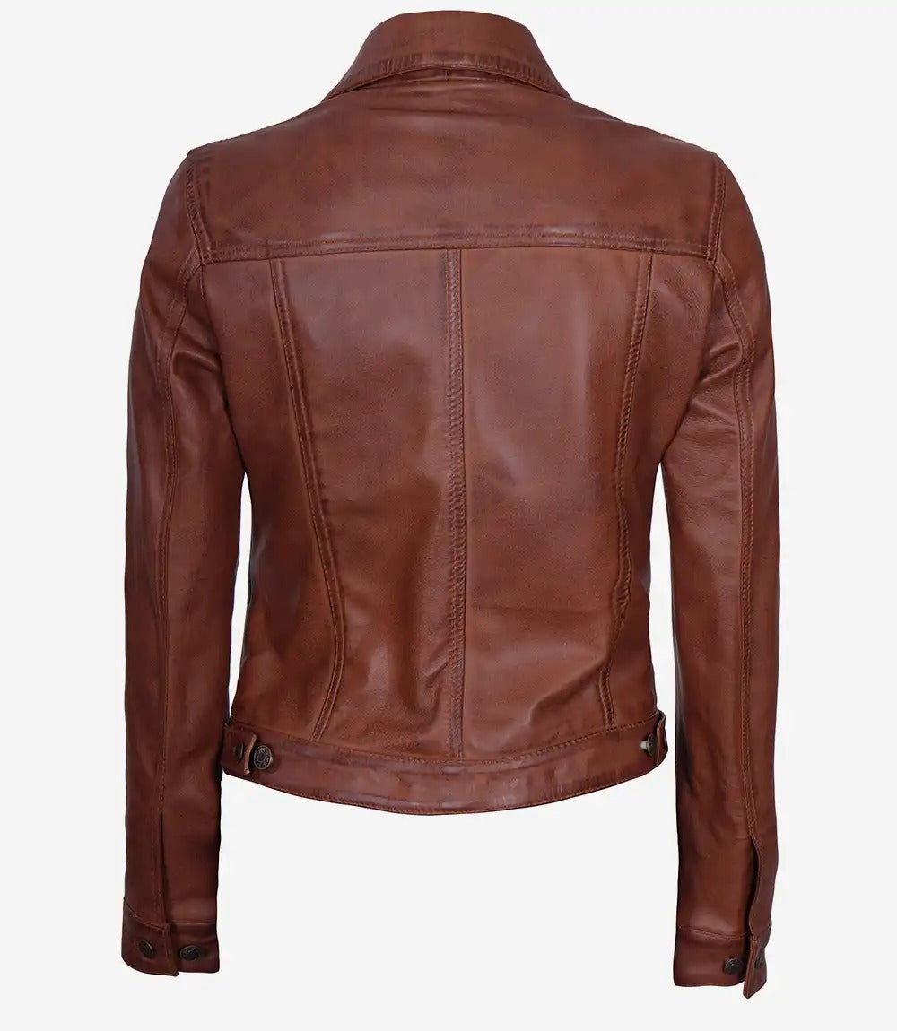 Womens  shirt collar brown Trucker Leather Jacket Jacket Stores