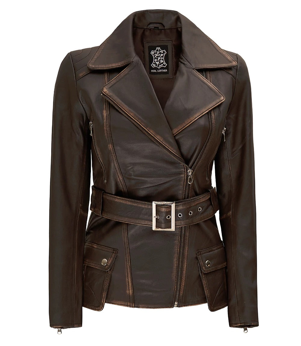 womens brown four pocket biker leather jacket Jacket Stores