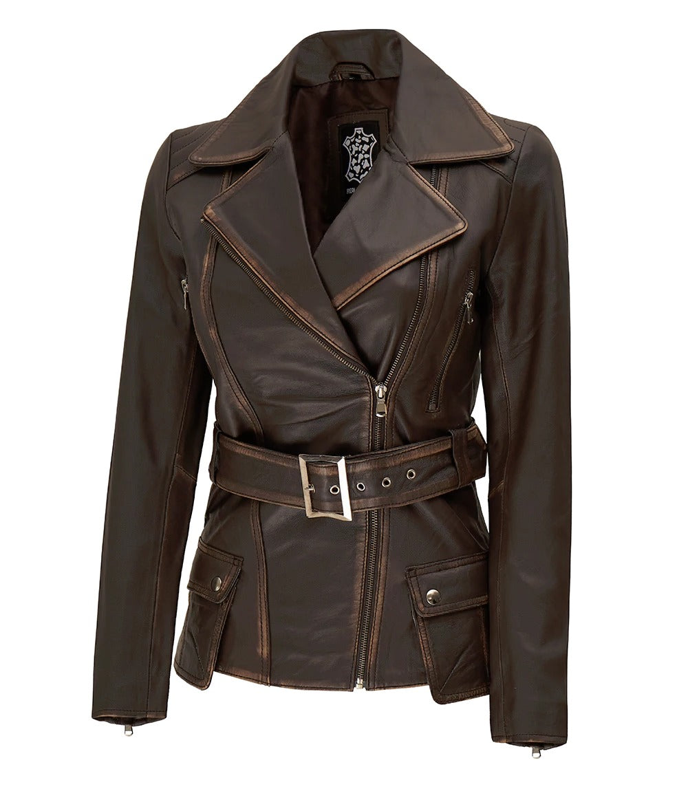 womens brown four pocket biker leather jacket Jacket Stores