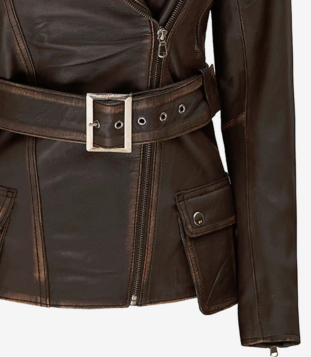 womens brown four pocket biker leather jacket Jacket Stores