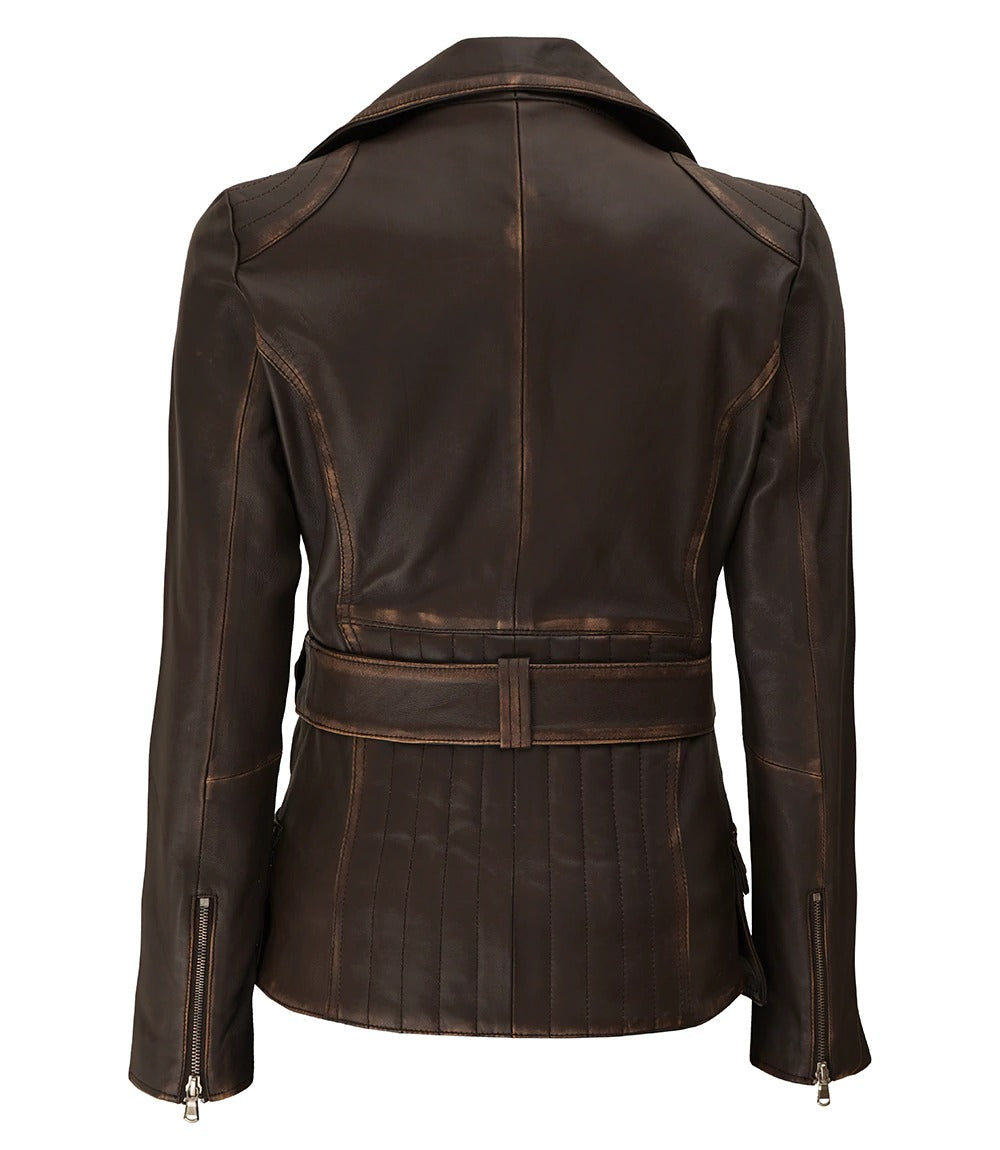 womens brown four pocket biker leather jacket Jacket Stores
