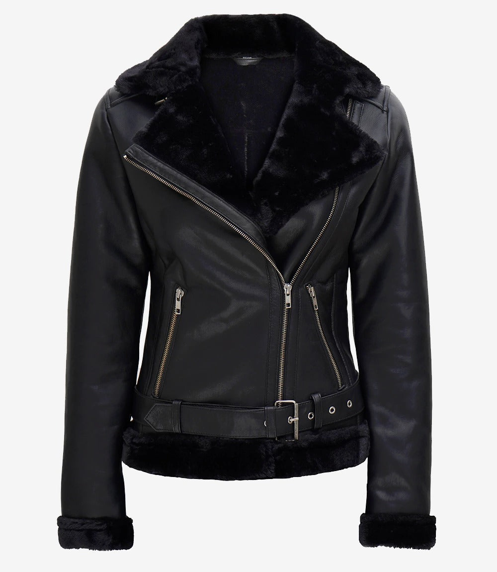 Womens moto Black Shearling Leather Jacket Jacket Stores