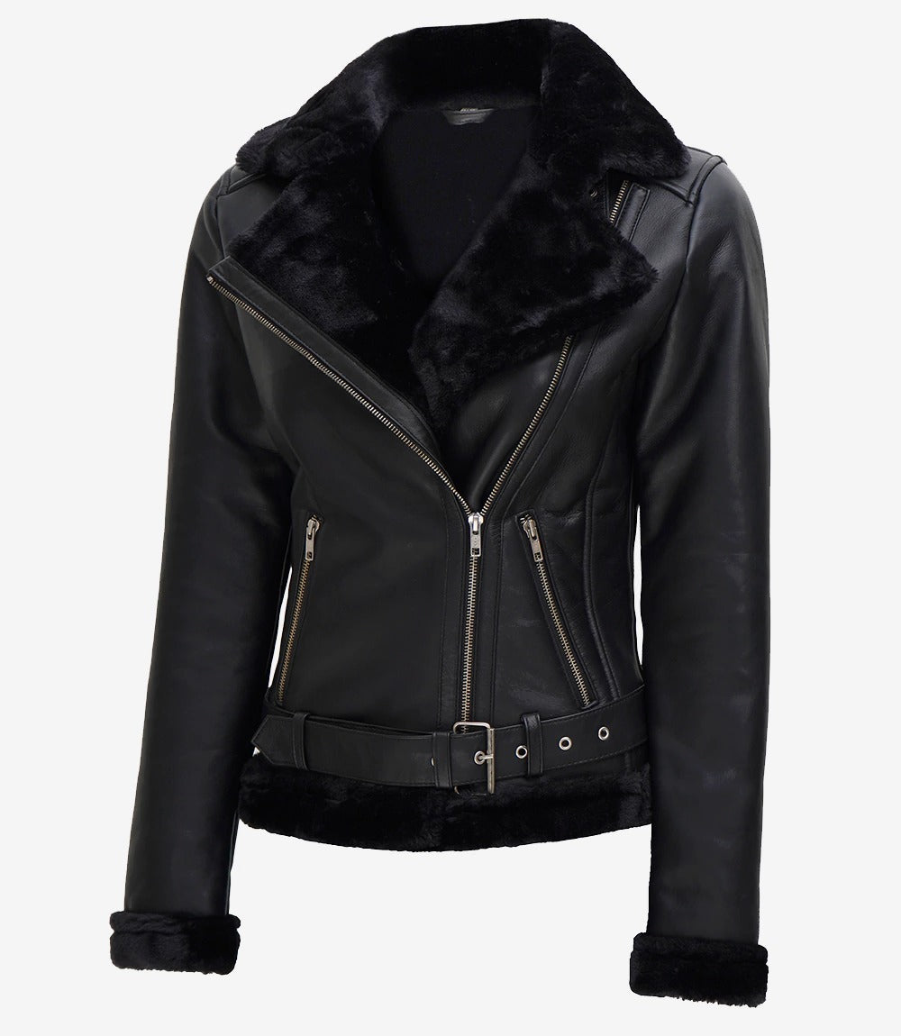 Womens moto Black Shearling Leather Jacket Jacket Stores