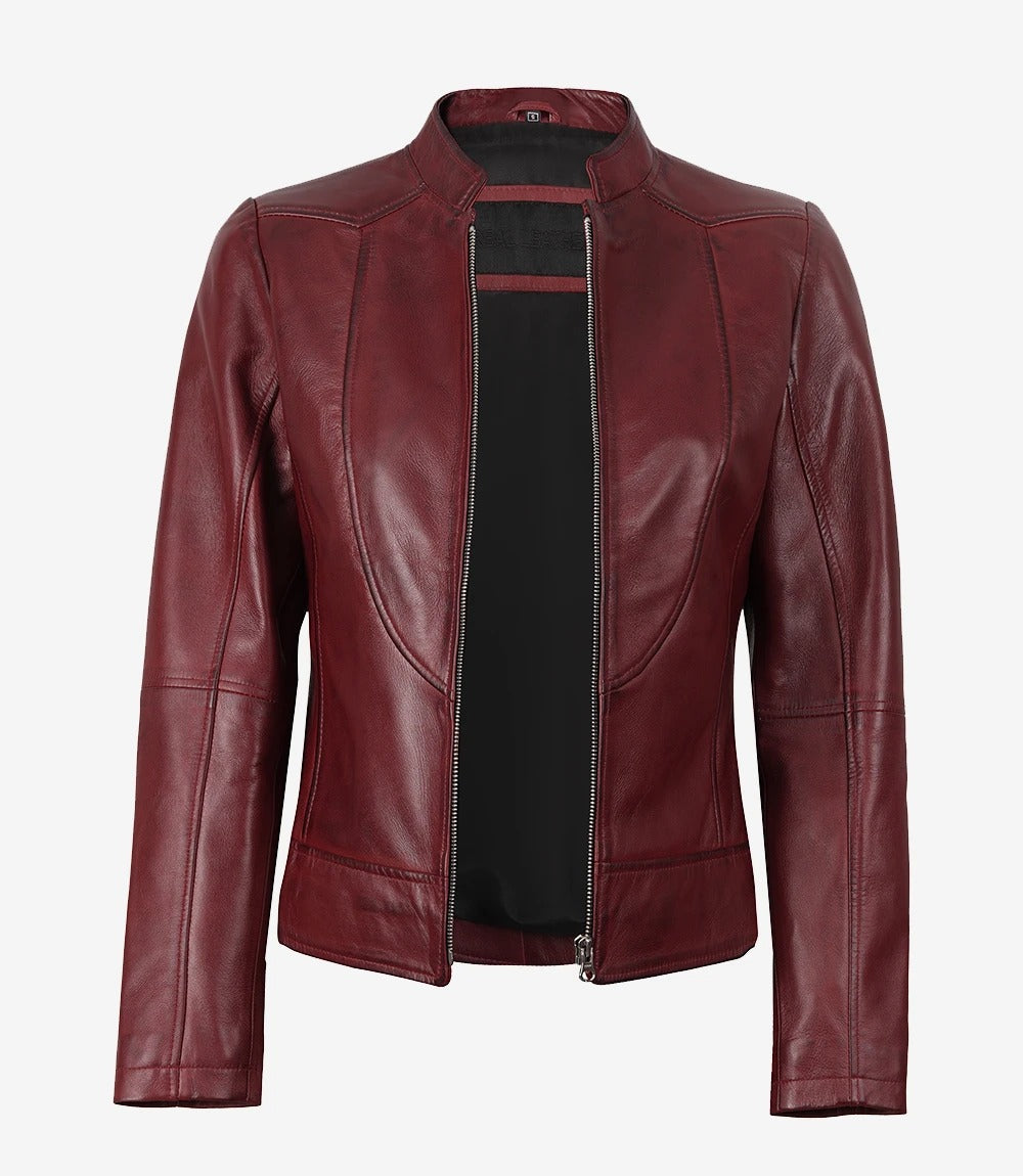 Womens maroon Slim Fit Biker Leather Jacket Jacket Stores
