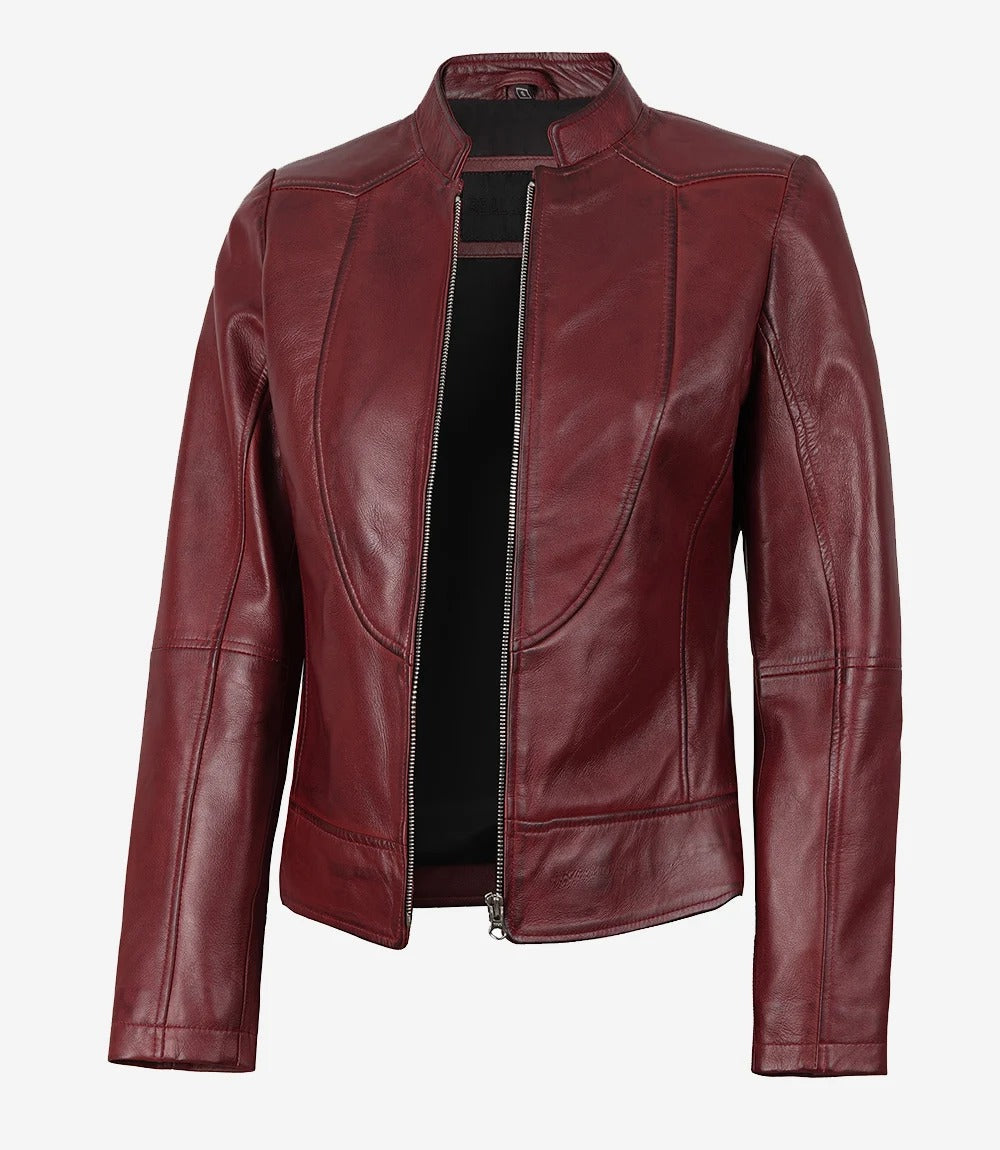 Womens maroon Slim Fit Biker Leather Jacket Jacket Stores