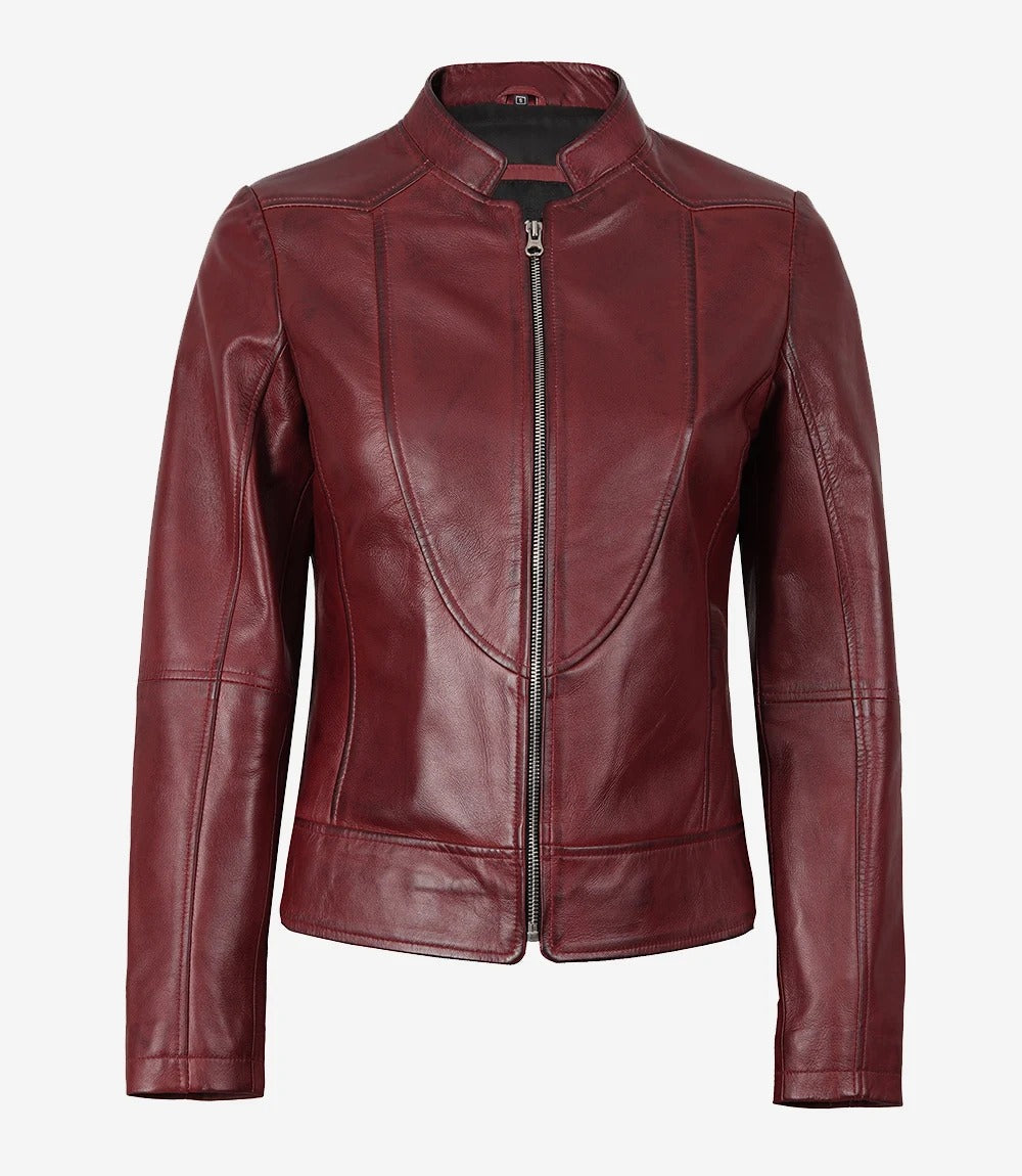 Womens maroon Slim Fit Biker Leather Jacket Jacket Stores