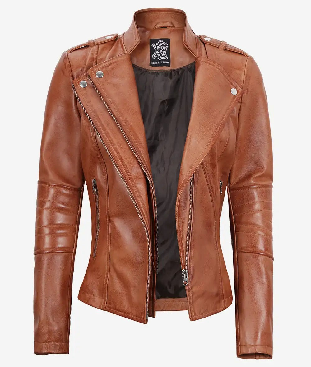 Women's moto Tan Asymmetrical  Leather Jacket Jacket Stores