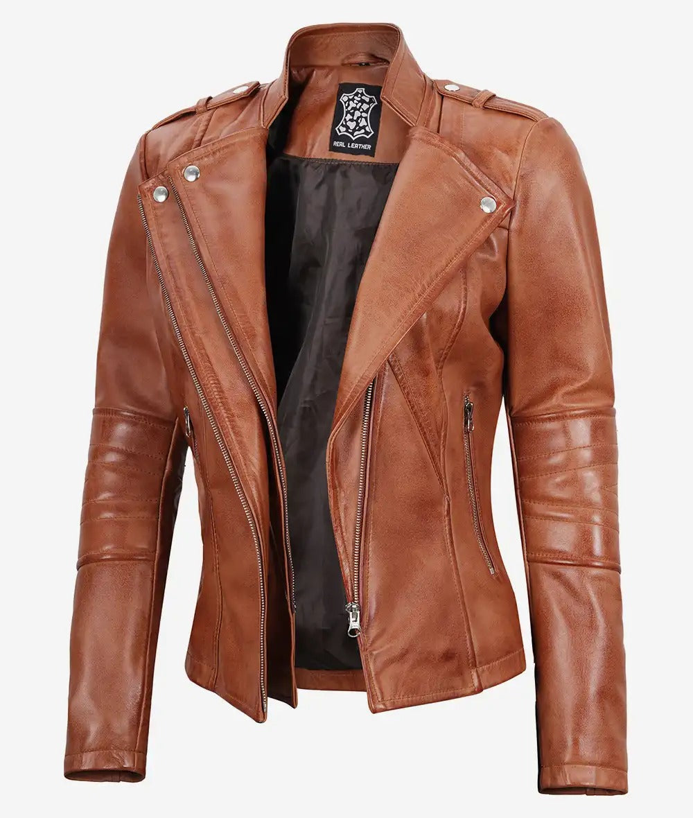Women's moto Tan Asymmetrical  Leather Jacket Jacket Stores