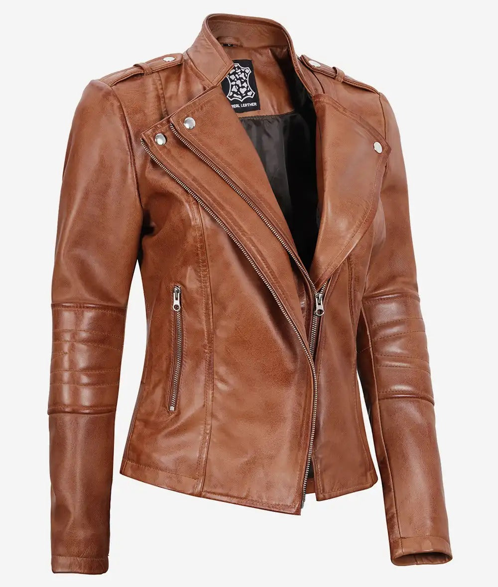 Women's moto Tan Asymmetrical  Leather Jacket Jacket Stores