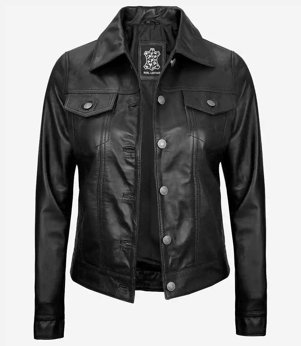 women's trucker four pockets black leather jacket Jacket Stores