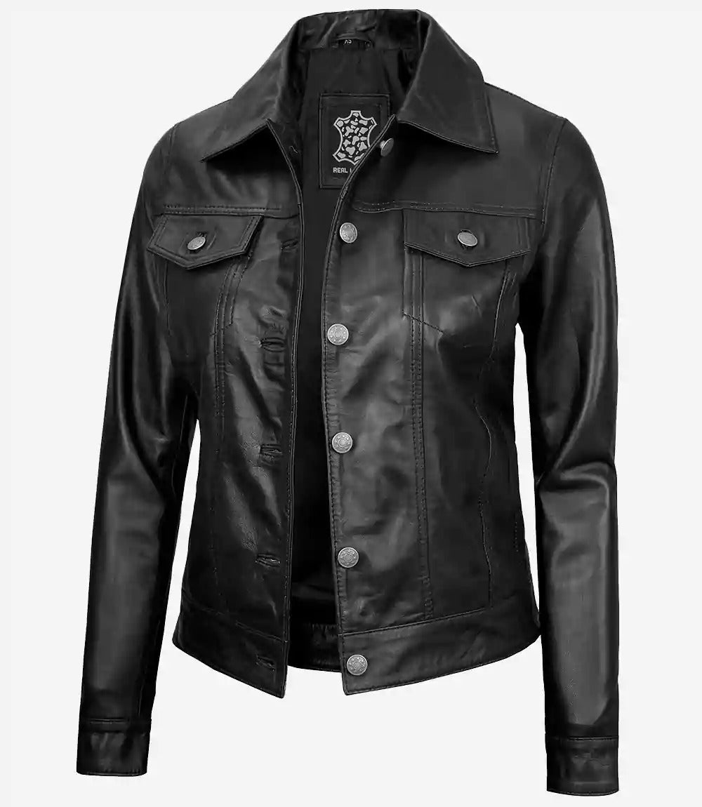women's trucker four pockets black leather jacket Jacket Stores