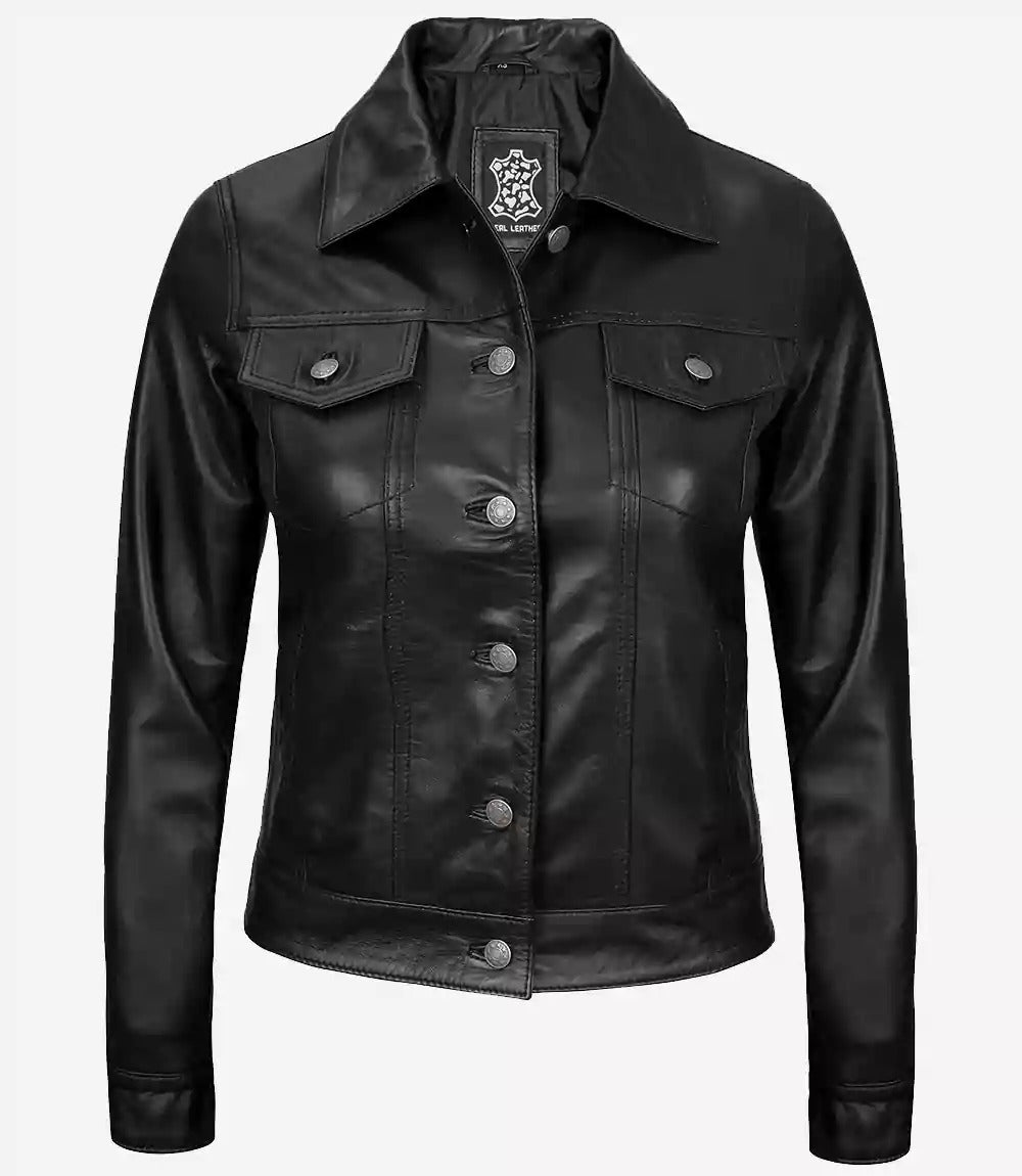 women's trucker four pockets black leather jacket Jacket Stores