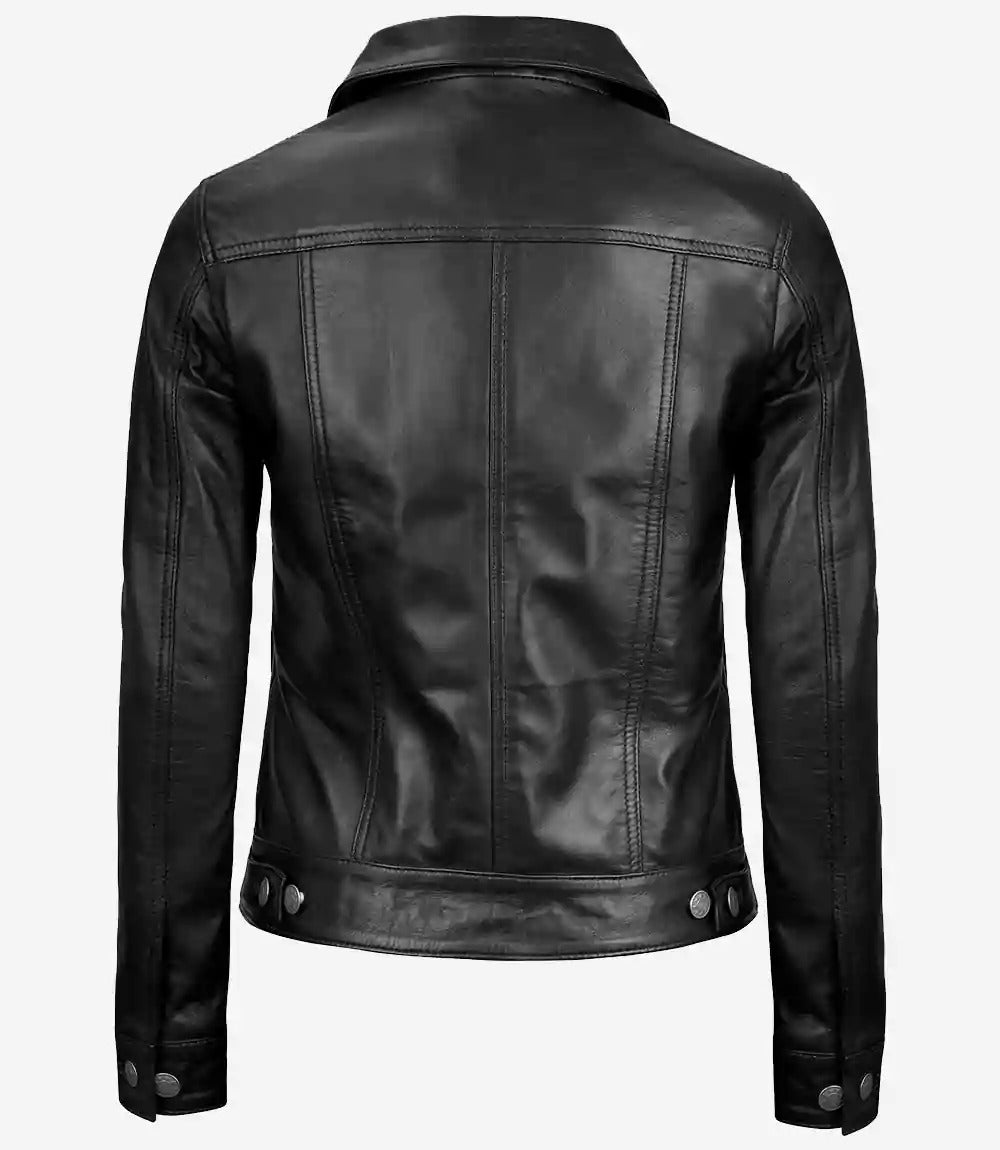 women's trucker four pockets black leather jacket Jacket Stores