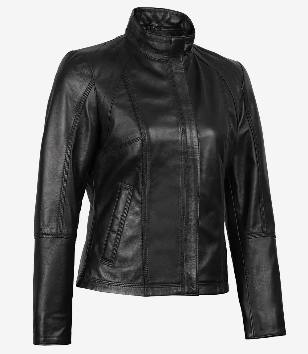 Womens black Cafe Racer slim fit Leather Jacket Jacket Stores