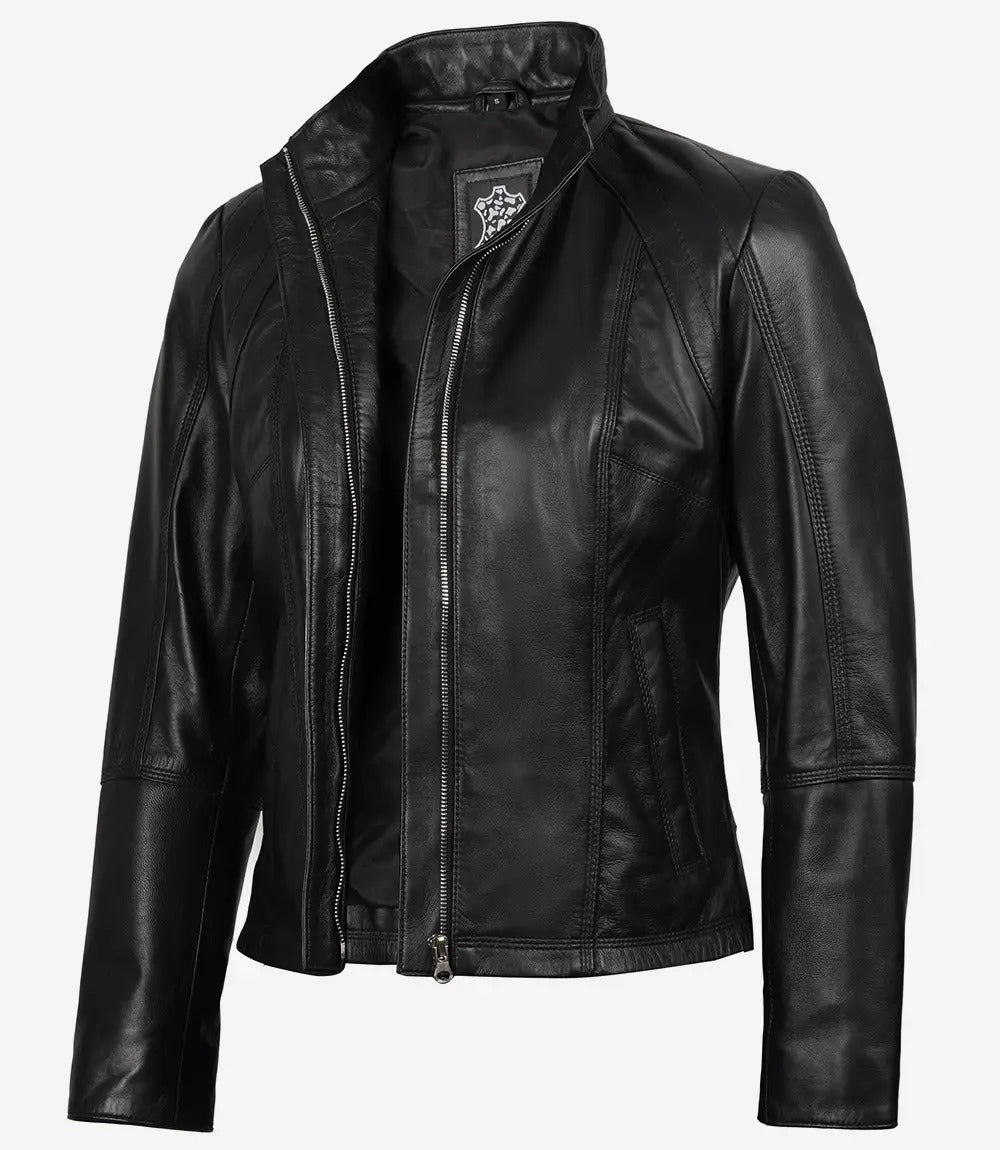 Womens black Cafe Racer slim fit Leather Jacket Jacket Stores