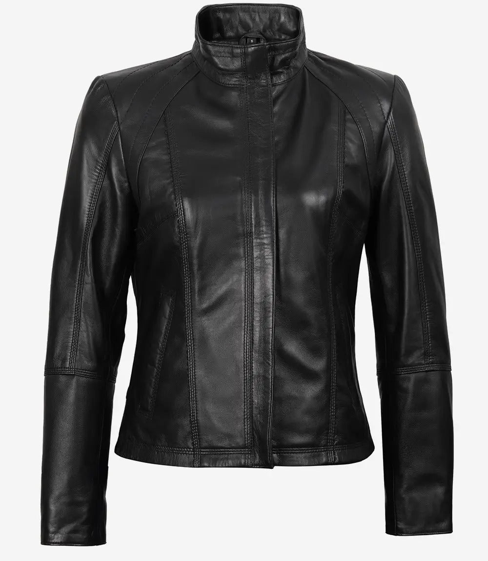 Womens black Cafe Racer slim fit Leather Jacket Jacket Stores