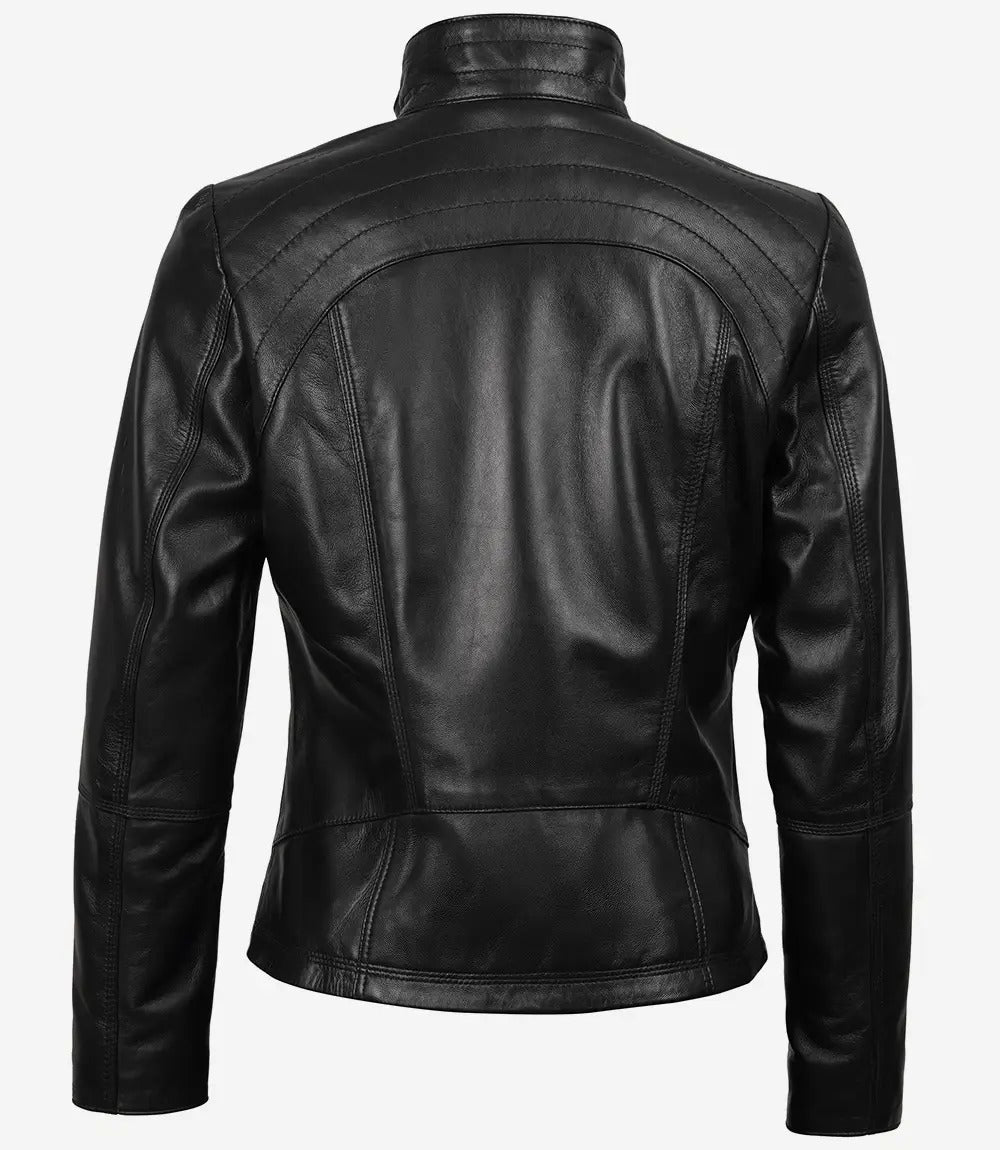 Womens black Cafe Racer slim fit Leather Jacket Jacket Stores