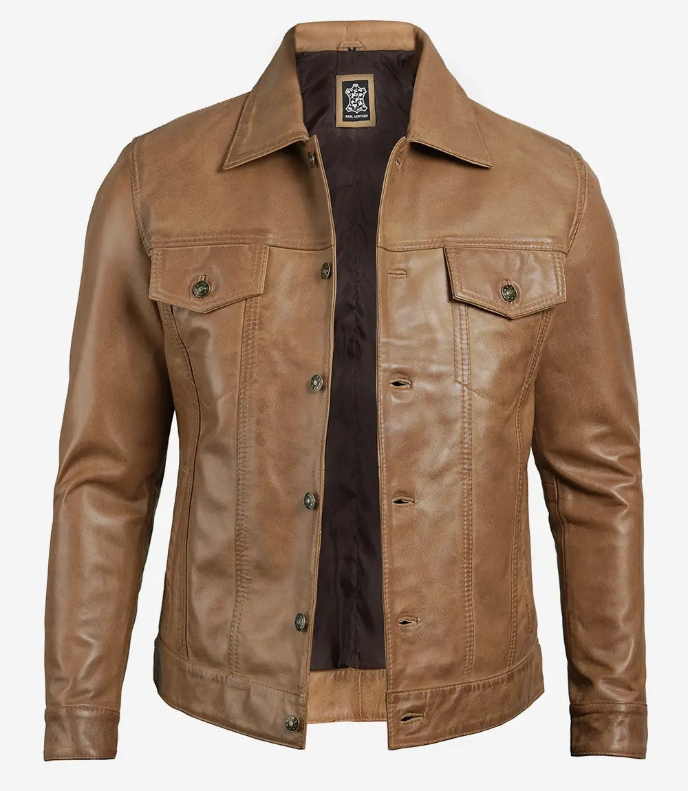 Men's Camel Brown Real Lambskin Leather Trucker Jacket Jacket Stores