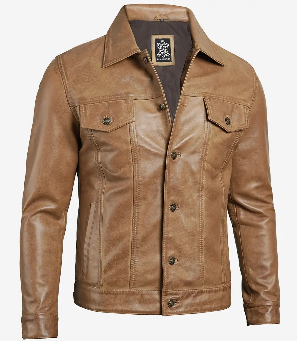 Men's Camel Brown Real Lambskin Leather Trucker Jacket Jacket Stores
