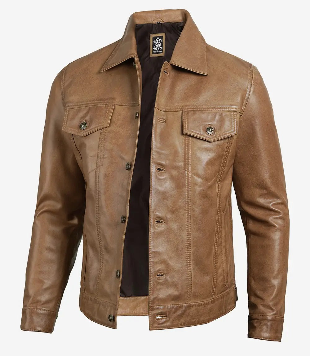 Men's Camel Brown Real Lambskin Leather Trucker Jacket Jacket Stores