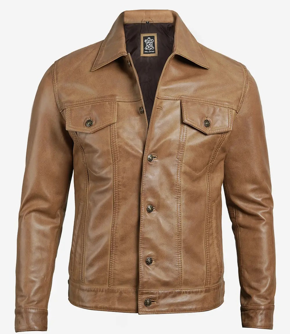 Men's Camel Brown Real Lambskin Leather Trucker Jacket Jacket Stores