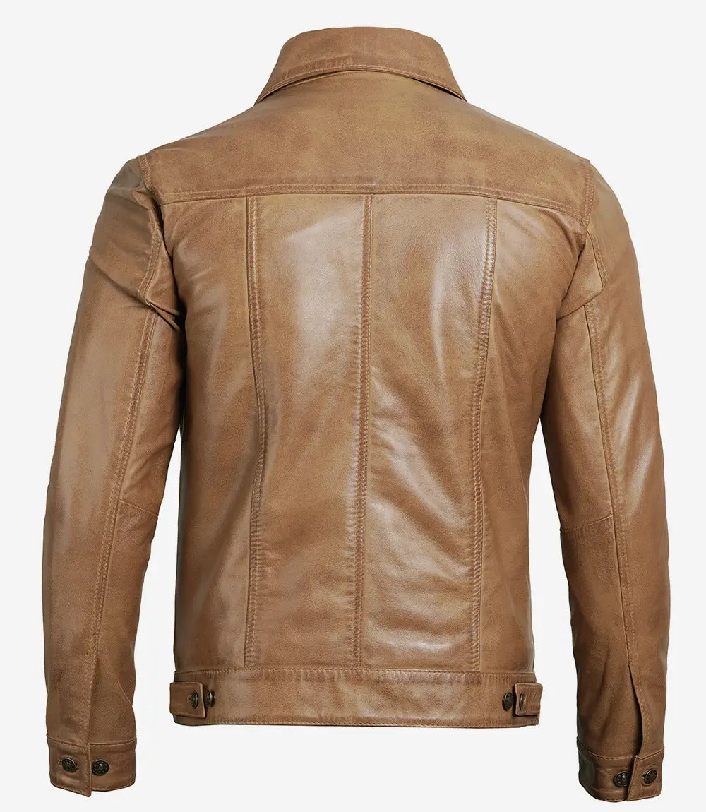 Men's Camel Brown Real Lambskin Leather Trucker Jacket Jacket Stores