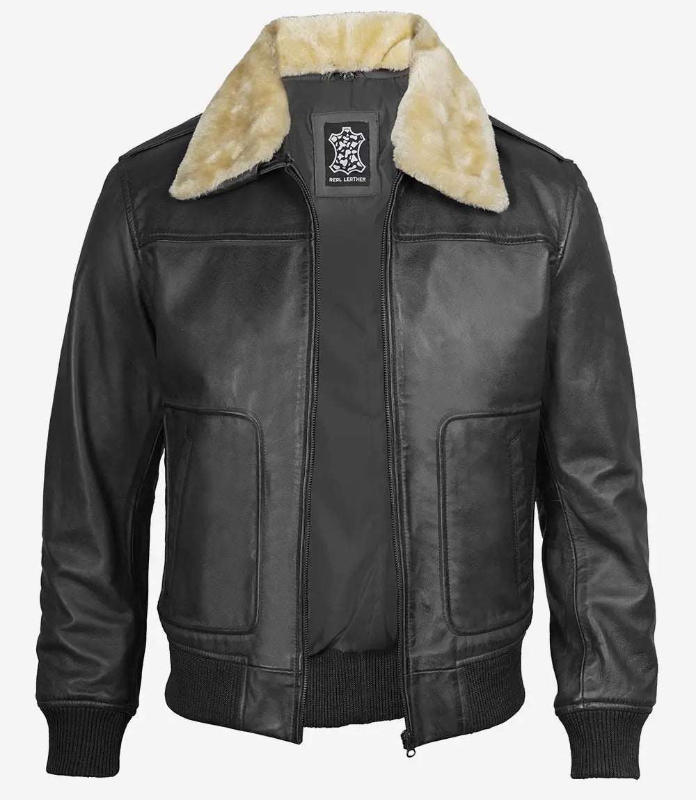 Men's black Lambskin Fur Collar Bomber Leather Jacket Jacket Stores