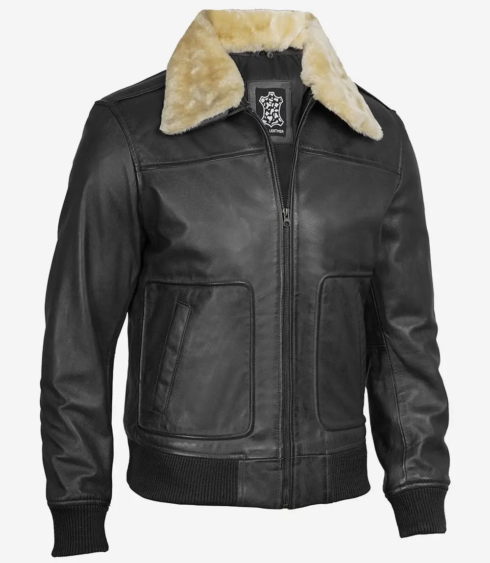Men's black Lambskin Fur Collar Bomber Leather Jacket Jacket Stores