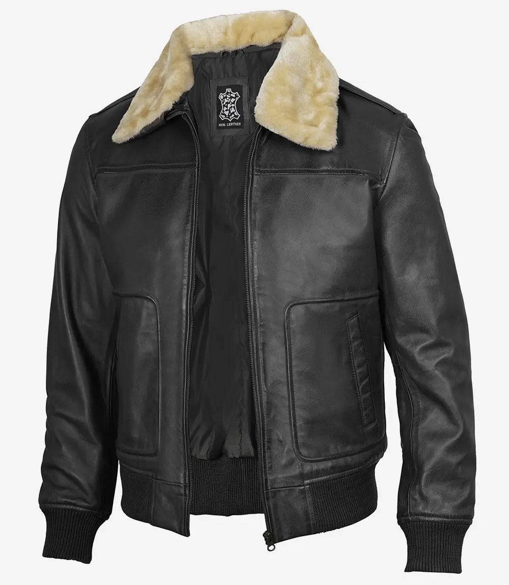 Men's black Lambskin Fur Collar Bomber Leather Jacket Jacket Stores