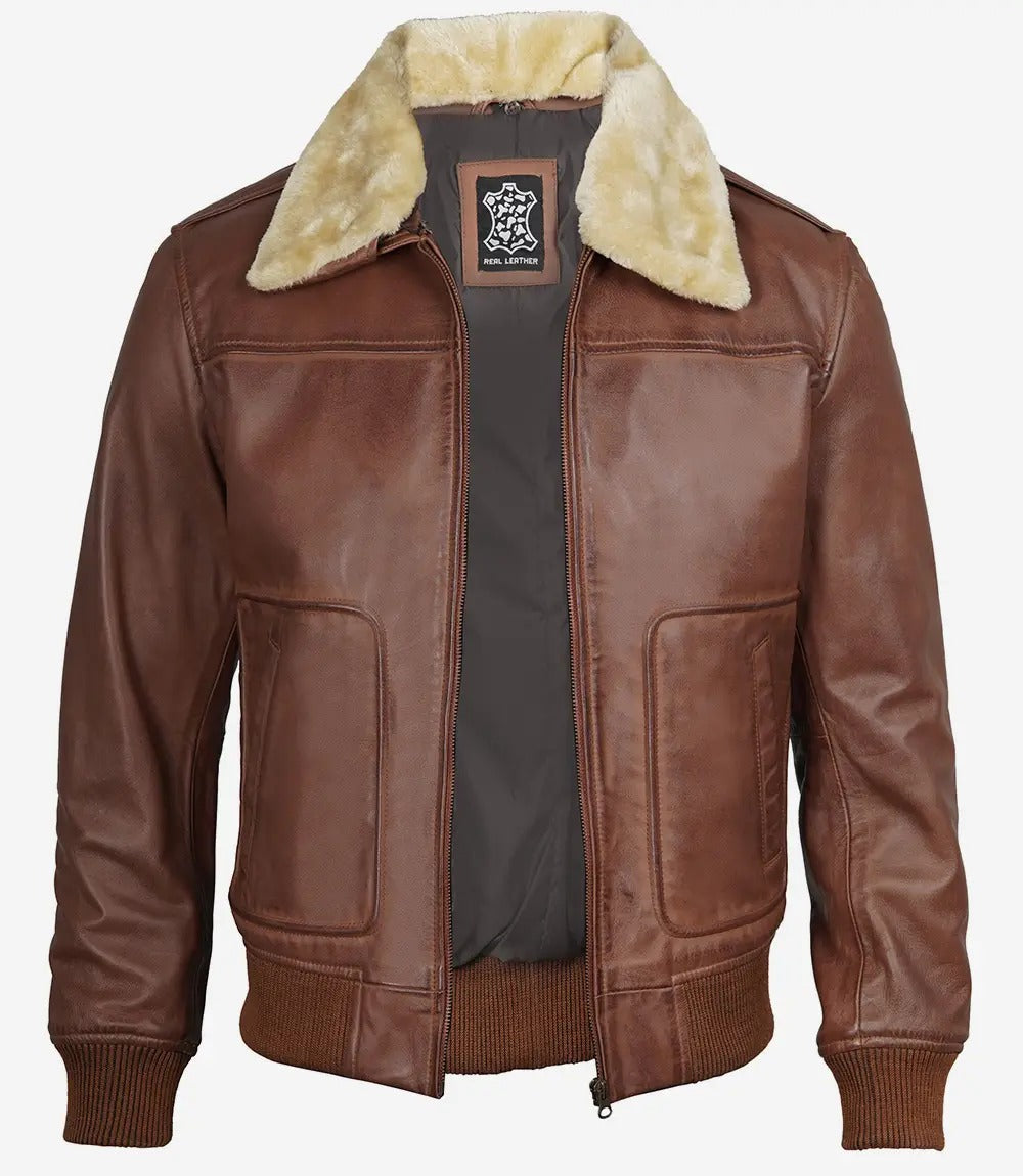 Men's brown Lambskin Fur Collar Bomber Leather Jacket Jacket Stores