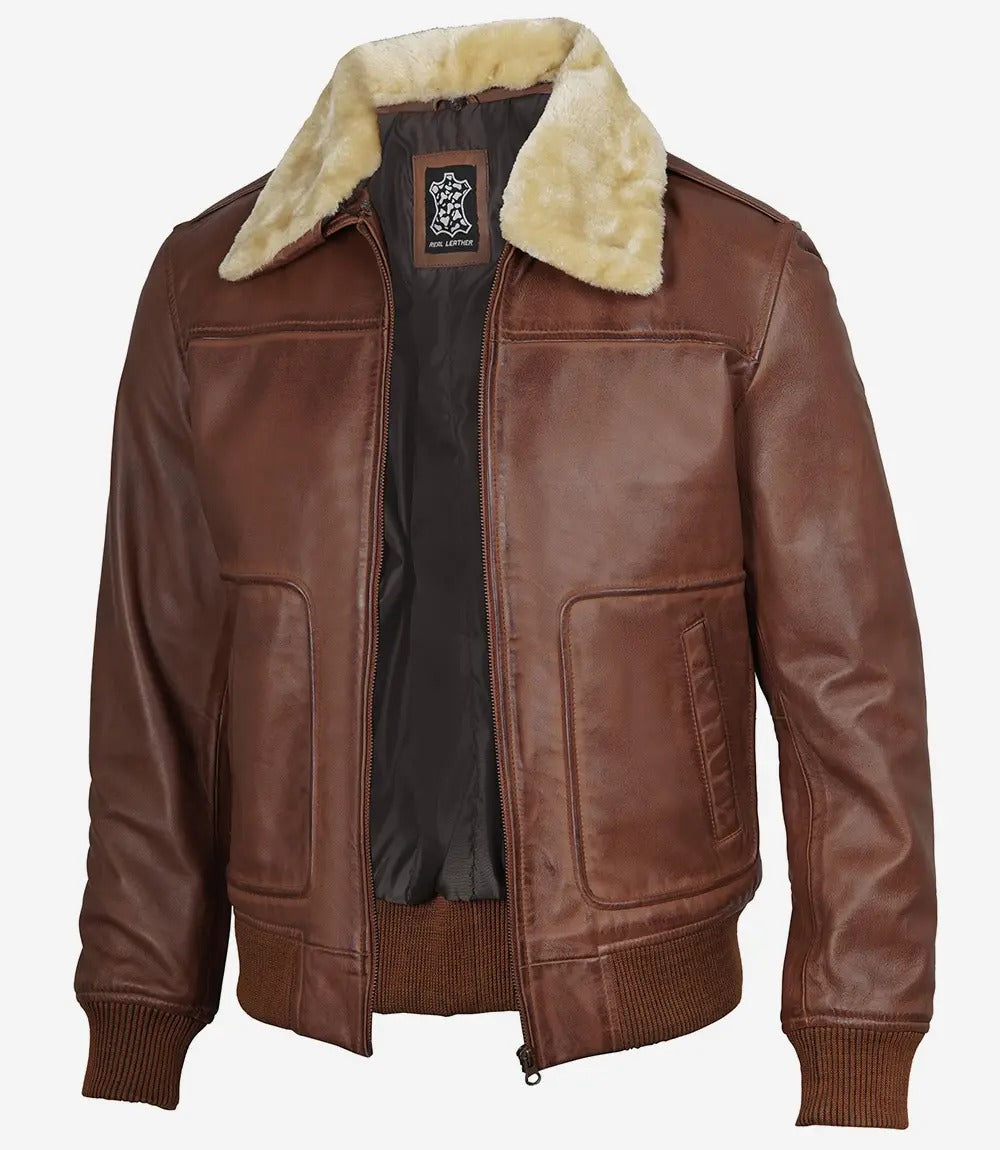 Men's brown Lambskin Fur Collar Bomber Leather Jacket Jacket Stores