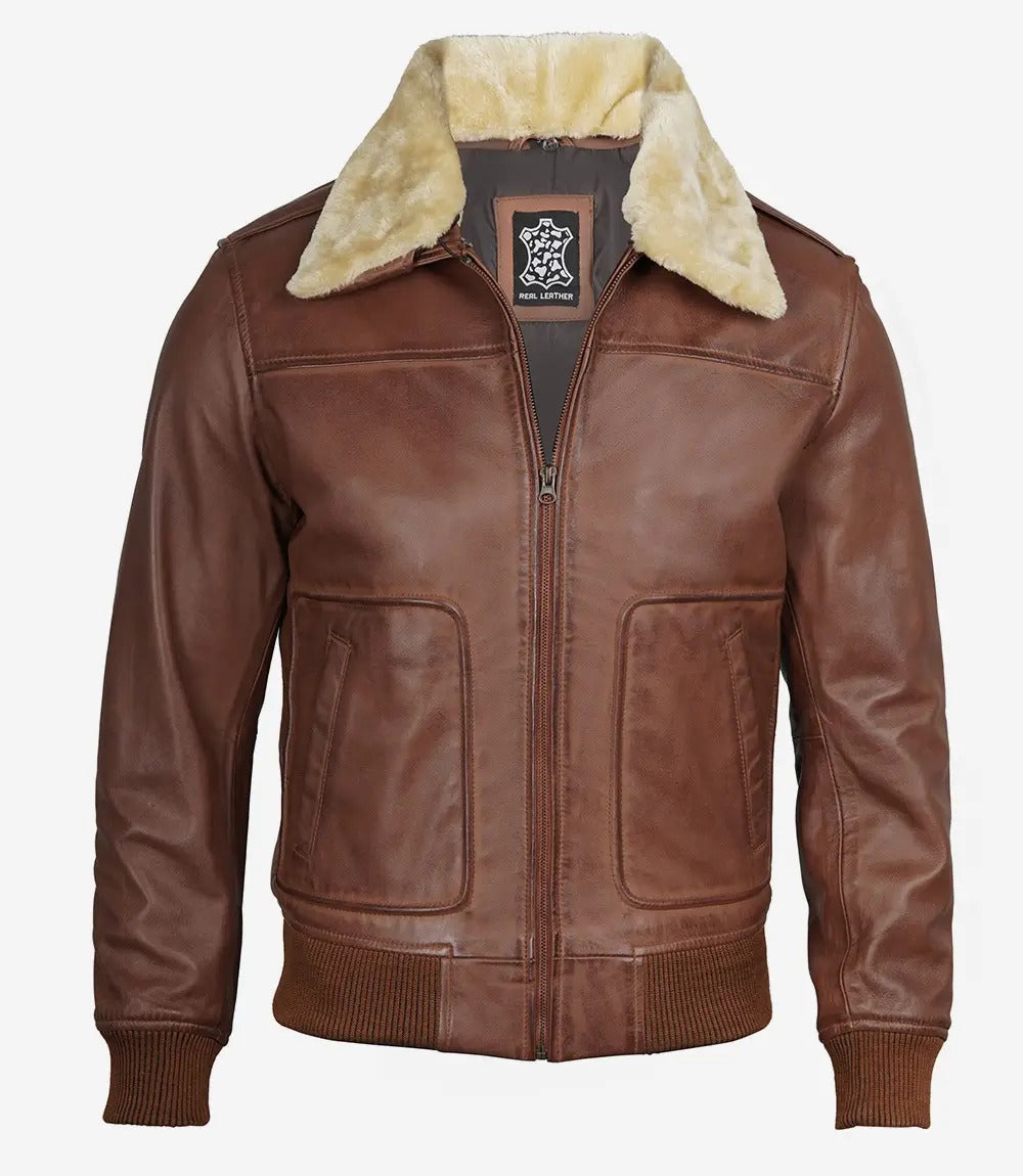 Men's brown Lambskin Fur Collar Bomber Leather Jacket Jacket Stores