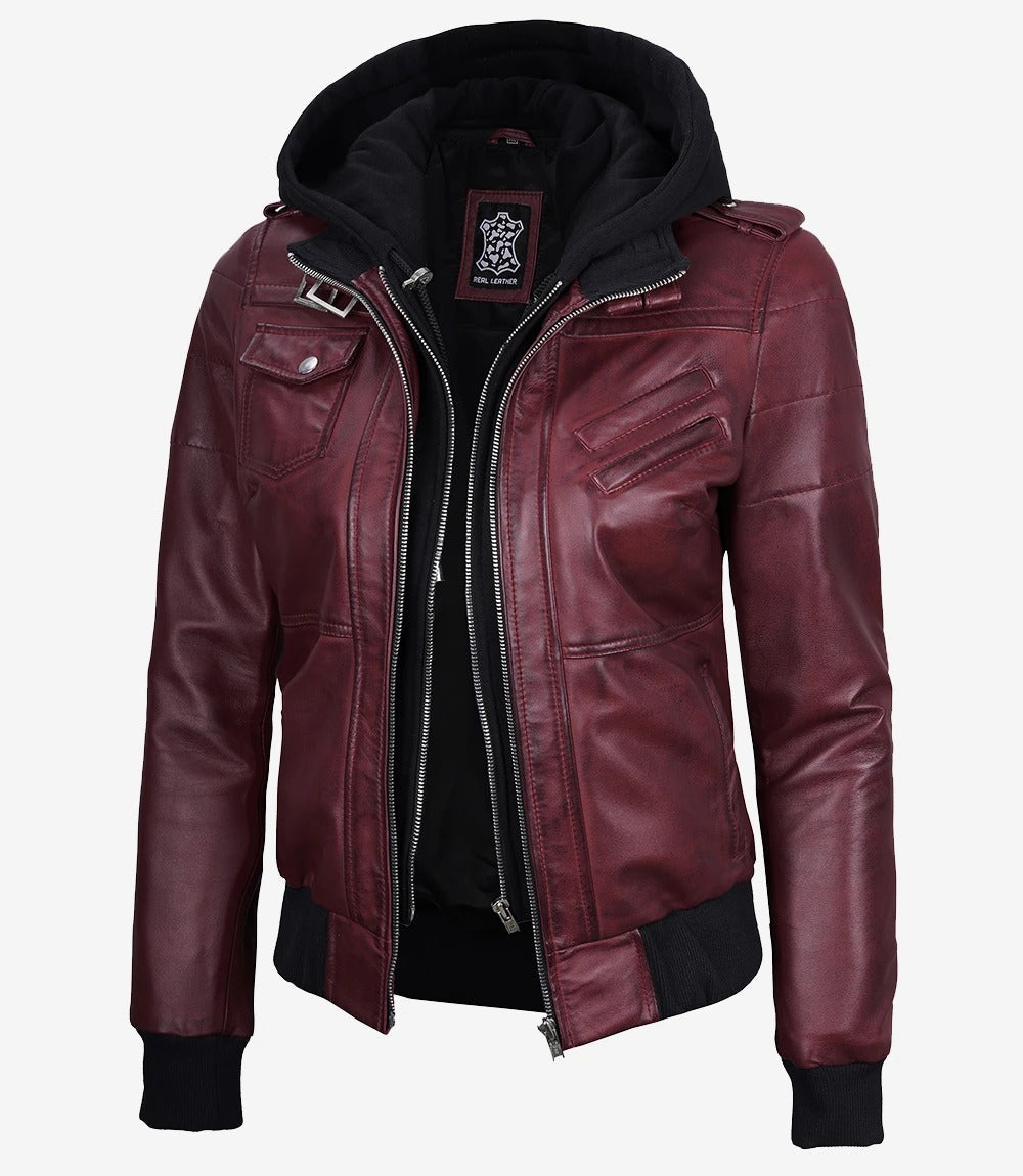 Women s Maroon Hooded Bomber Leather Jacket Jacket Stores