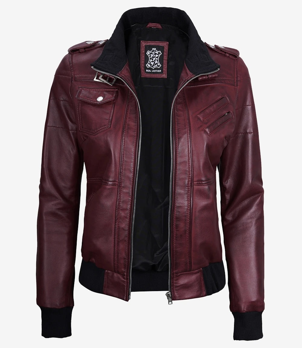 Women s Maroon Hooded Bomber Leather Jacket Jacket Stores
