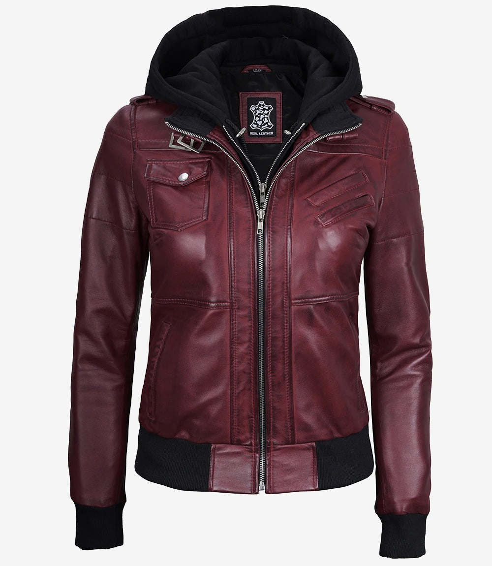 Women s Maroon Hooded Bomber Leather Jacket Jacket Stores