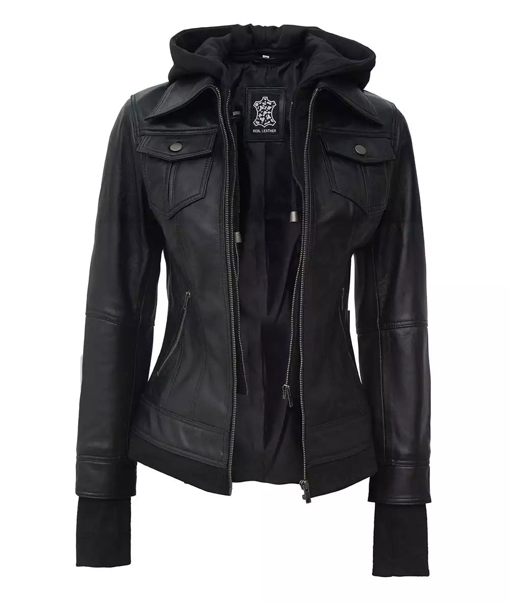 Womens Black Bomber Leather Jacket with Removable Hood Jacket Stores