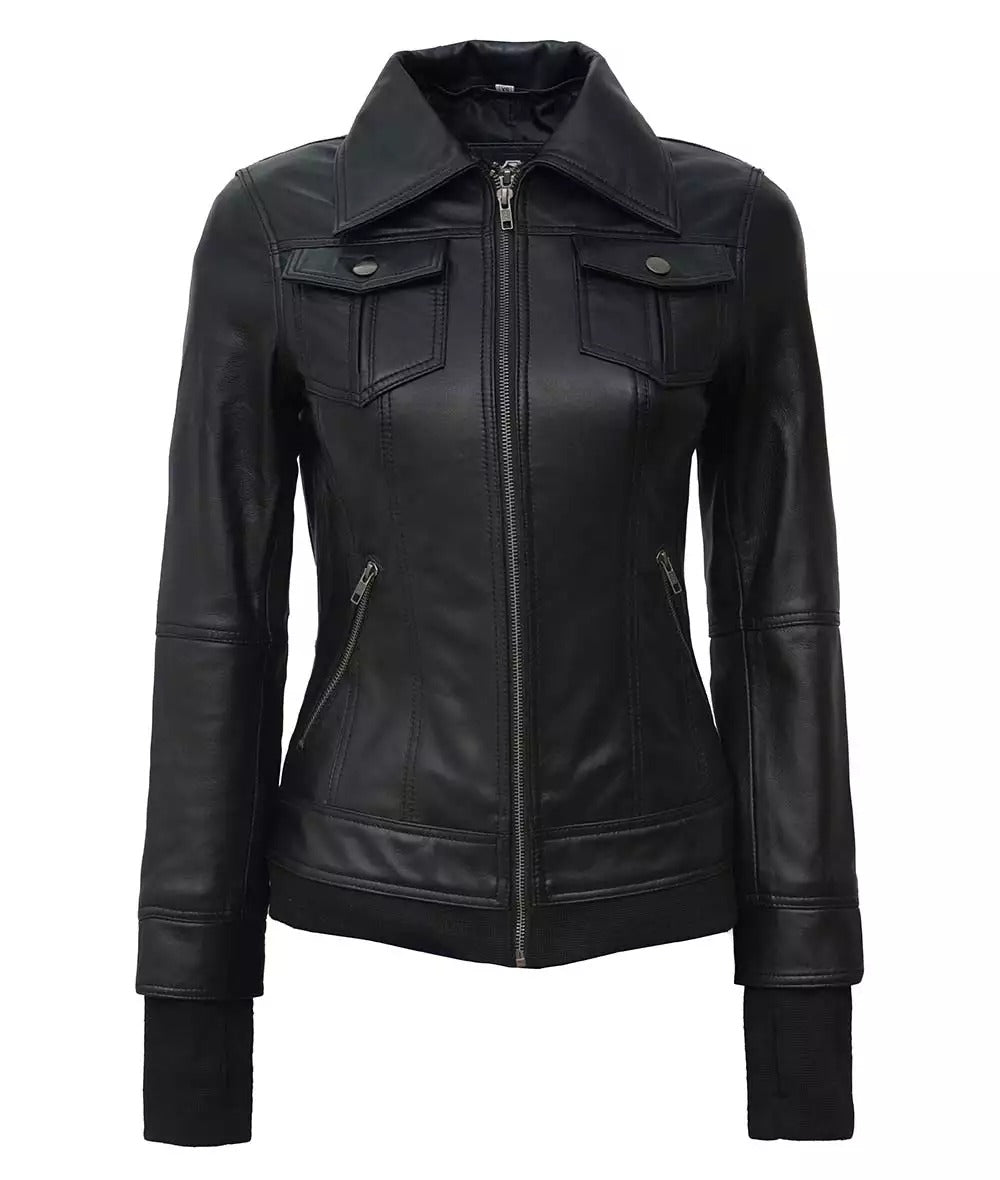 Womens Black Bomber Leather Jacket with Removable Hood Jacket Stores