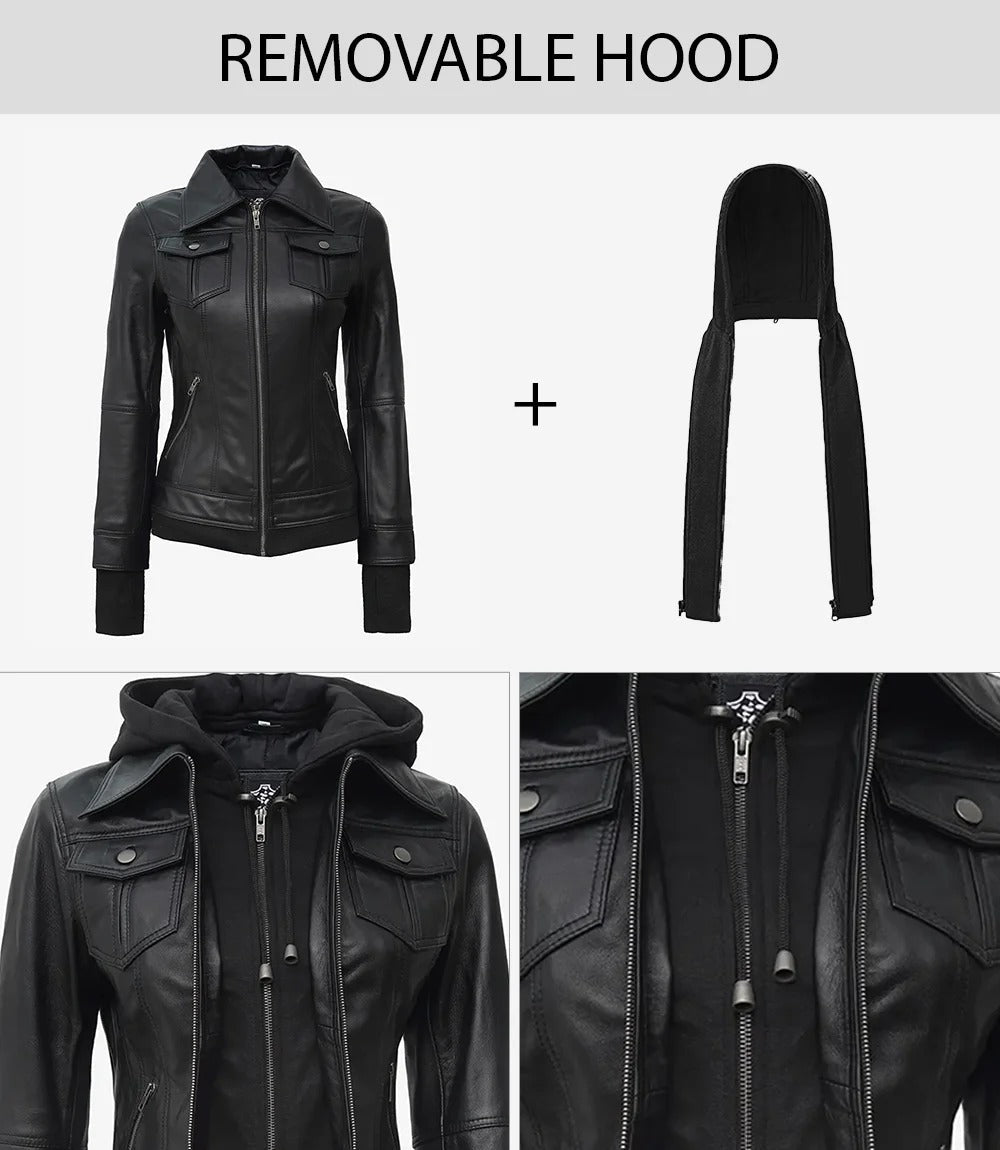 Womens Black Bomber Leather Jacket with Removable Hood Jacket Stores