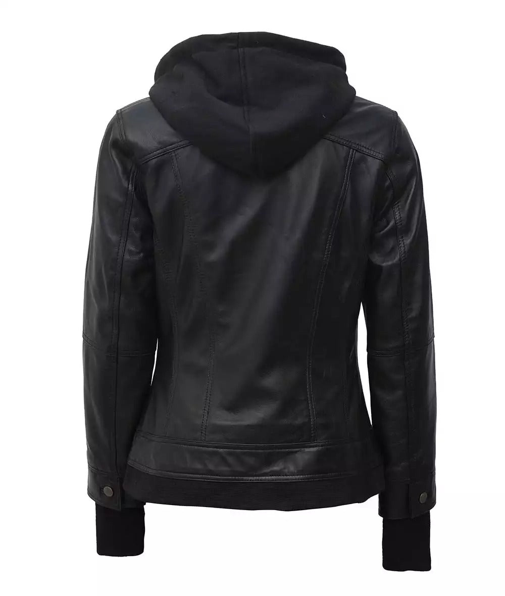 Womens Black Bomber Leather Jacket with Removable Hood Jacket Stores
