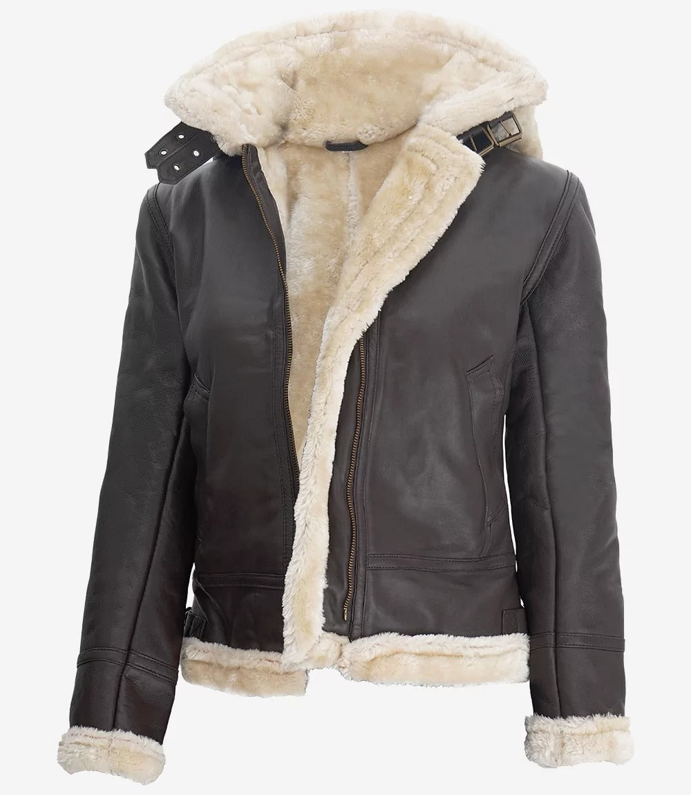 Womens Leather Dark Brown Hooded Shearling Jacket Jacket Stores