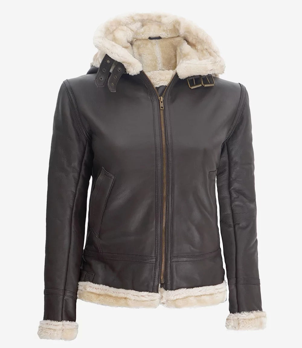 Womens Leather Dark Brown Hooded Shearling Jacket Jacket Stores