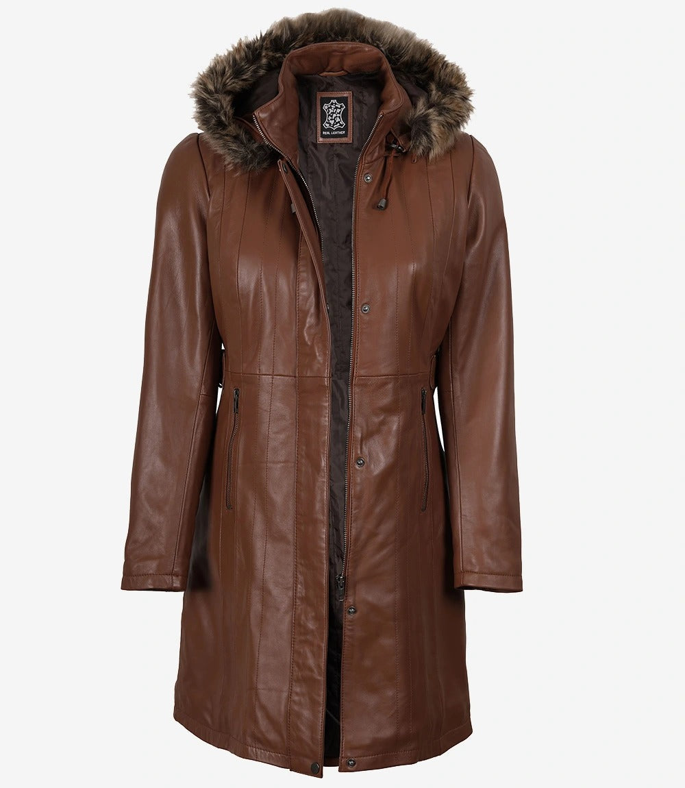 Women Brown Leather Coat With Removable Hood Jacket Stores