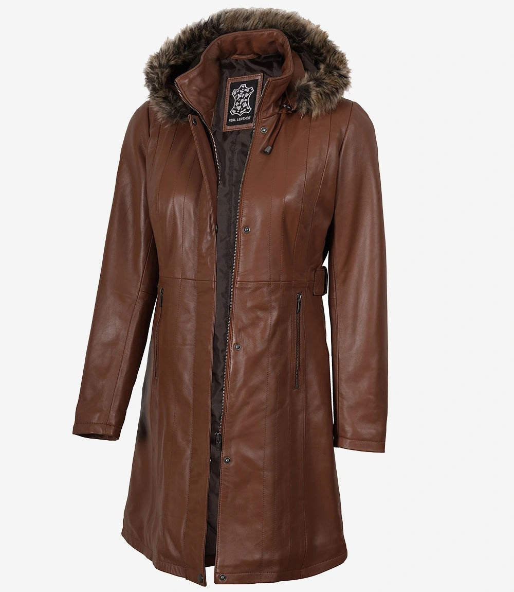 Women Brown Leather Coat With Removable Hood Jacket Stores