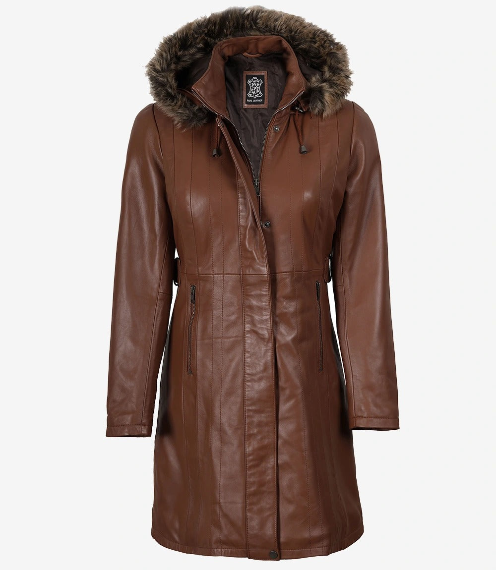 Women Brown Leather Coat With Removable Hood Jacket Stores