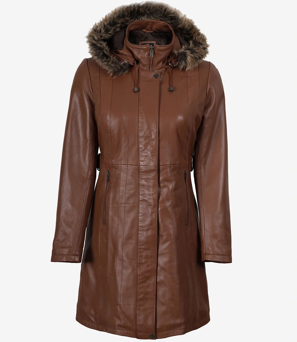 Women Brown Leather Coat With Removable Hood Jacket Stores