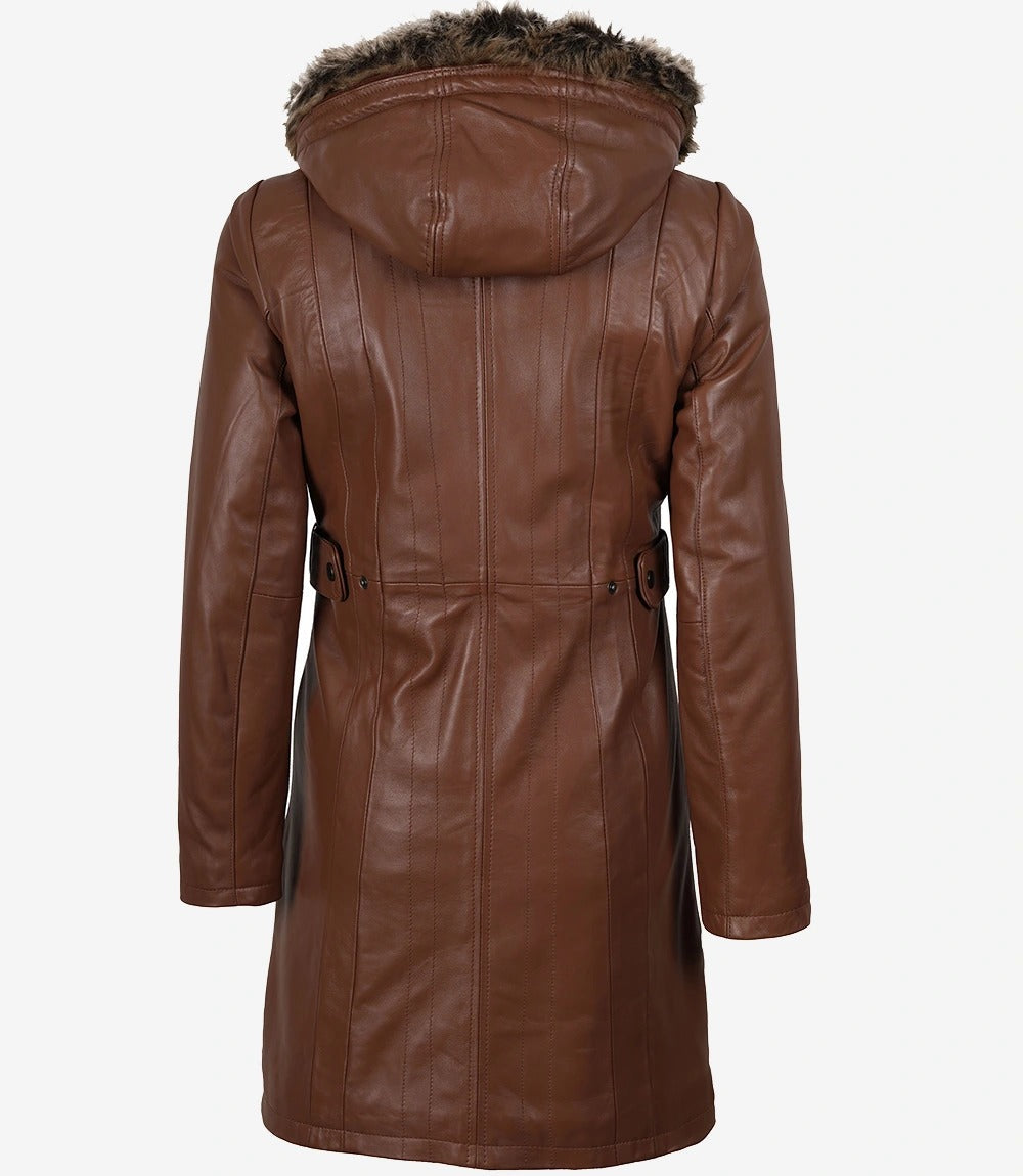Women Brown Leather Coat With Removable Hood Jacket Stores