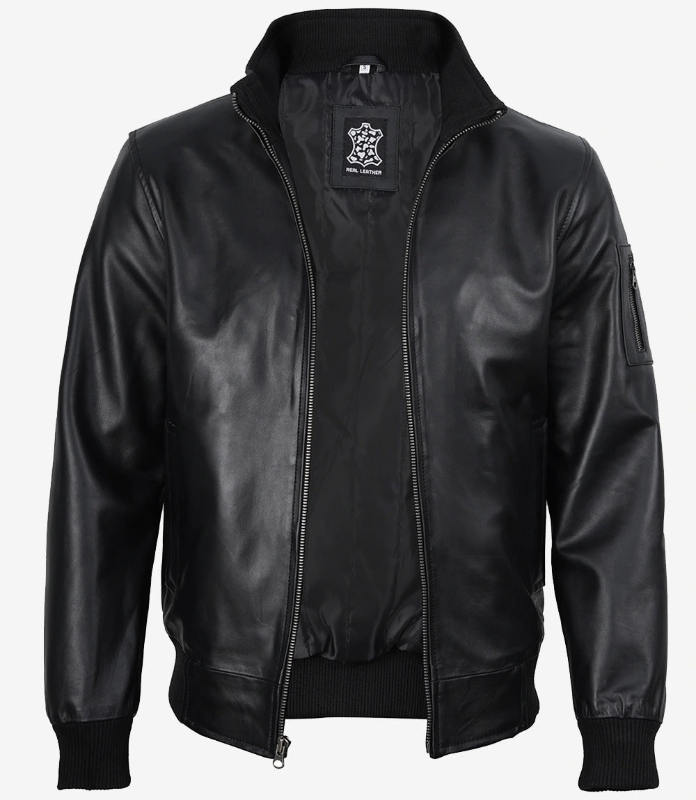 Men's Black Leather Cowhide Bomber Jacket Jacket Stores