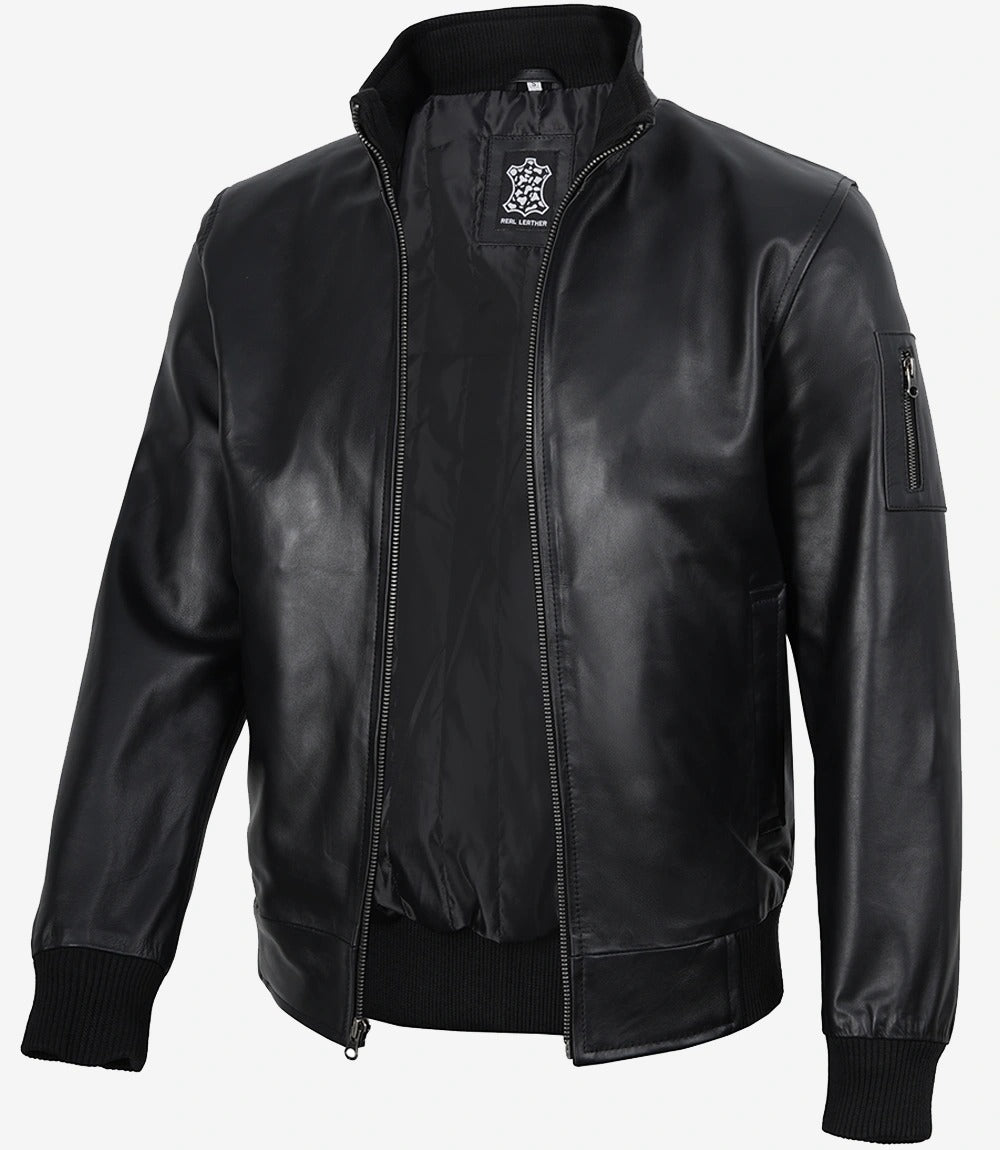 Men's Black Leather Cowhide Bomber Jacket Jacket Stores