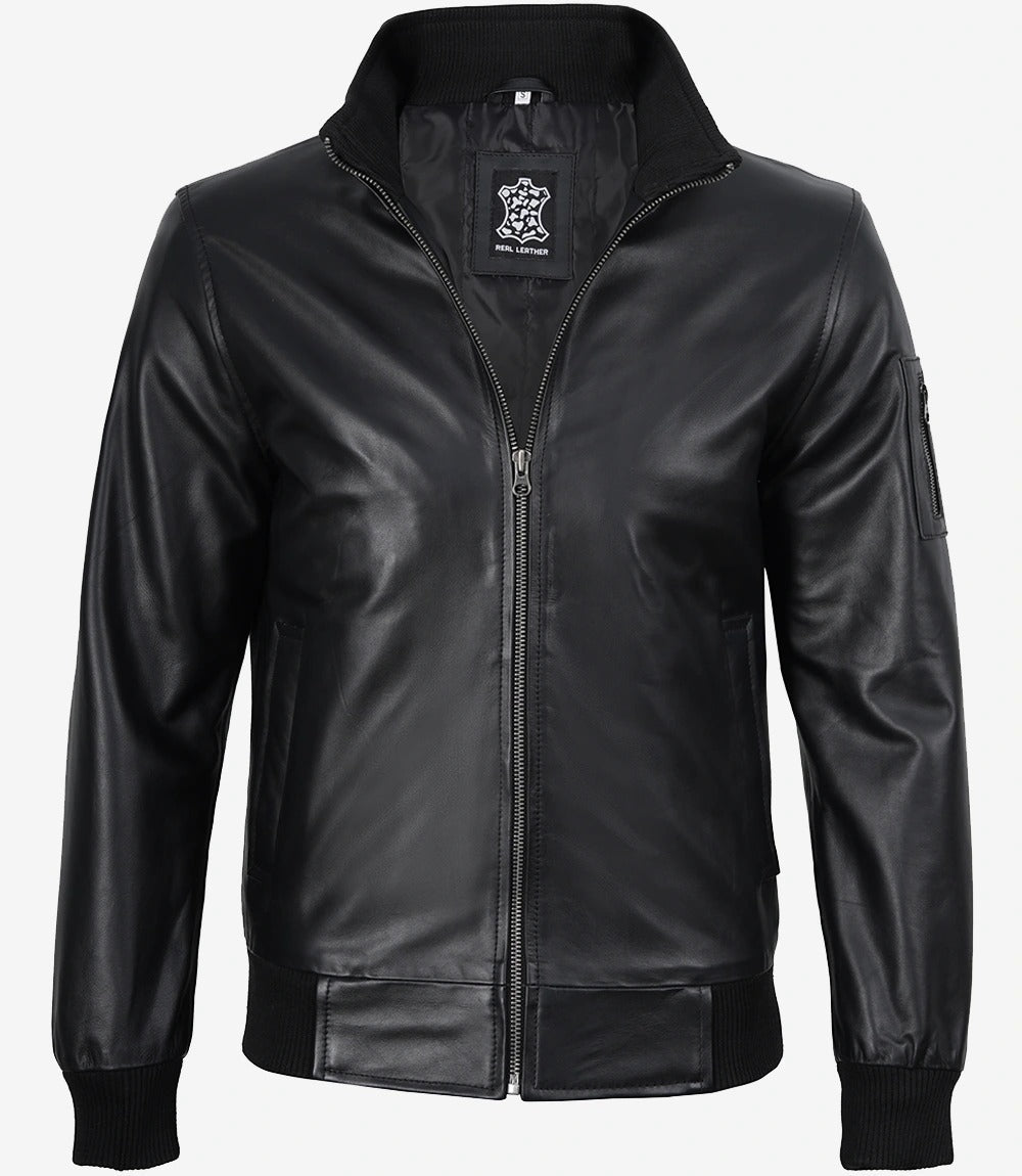 Men's Black Leather Cowhide Bomber Jacket Jacket Stores