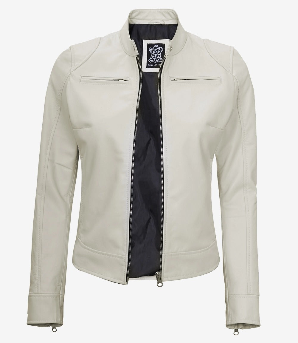 Women's Cafe Racer Off White Leather Jacket Jacket Stores